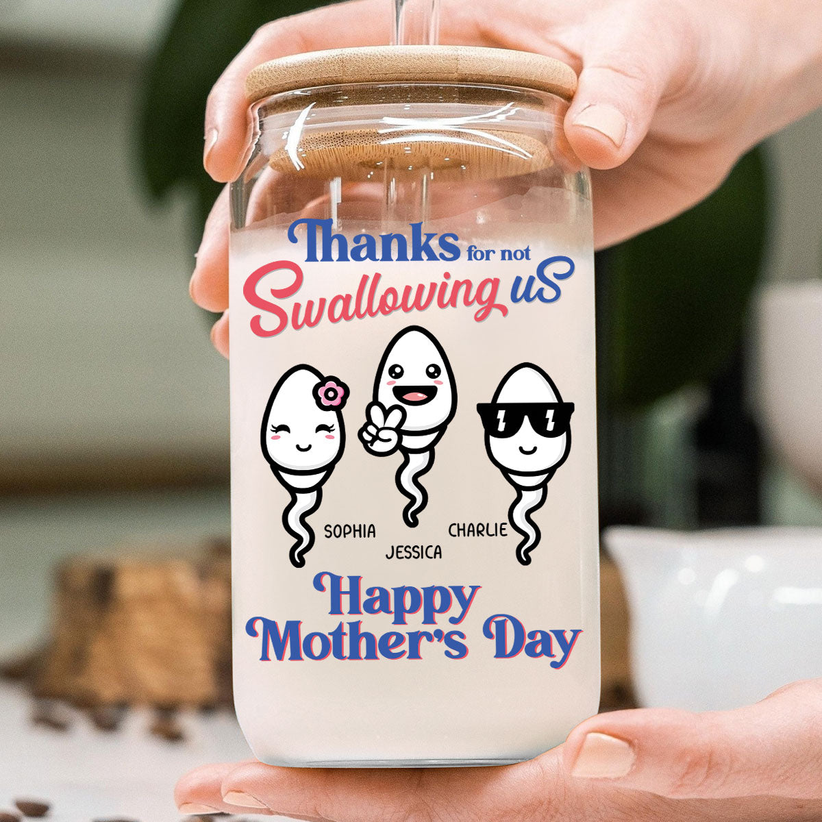 Thanks For Not Swallowing Us Funny Mother‘s Day Gift Personalized Clear Glass Can