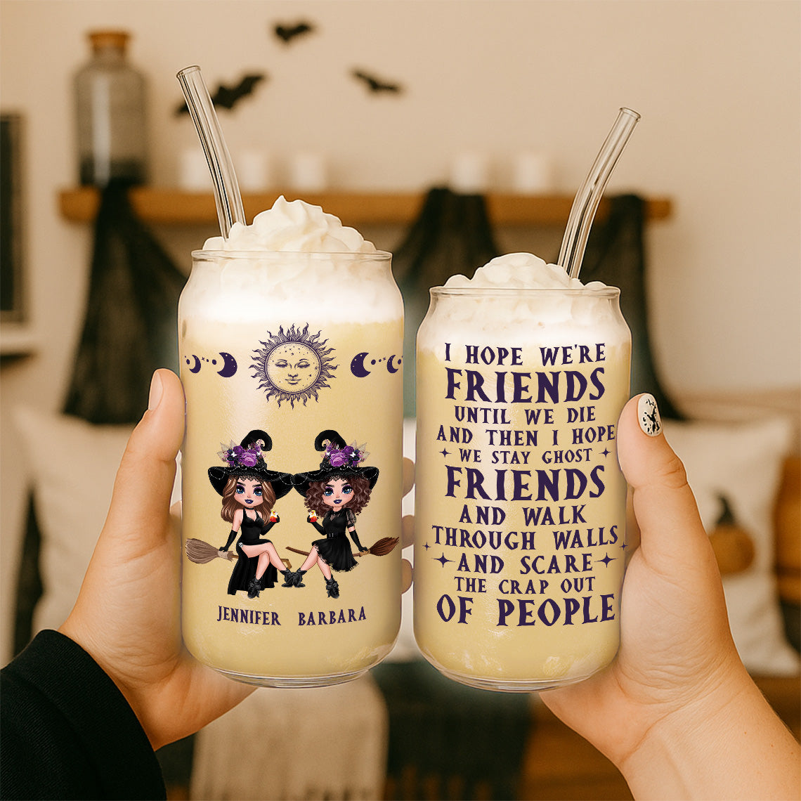 Witch Besties Hope We're Friends Until We Die Personalized Glass Can, Halloween Gift For Best Friends