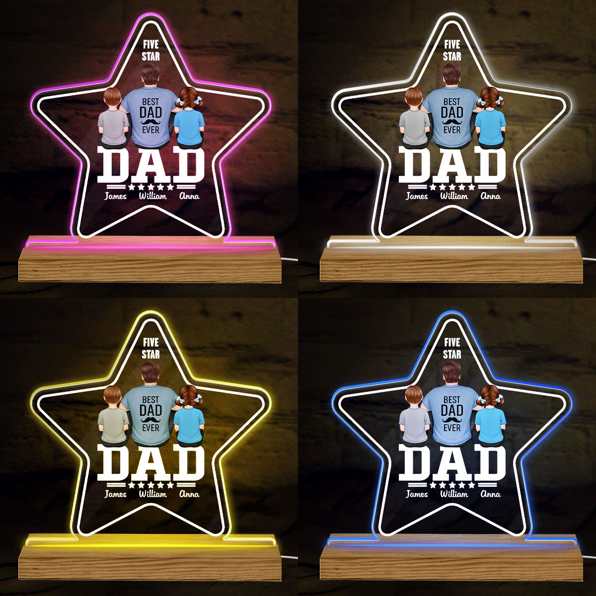 Five - Star Dad Back View Dad And Kids - Personalized Acrylic LED Night Light