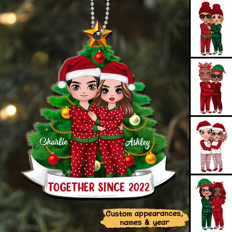 Pajamas Doll Couple Standing Christmas Tree Personalized Wooden Ornament
