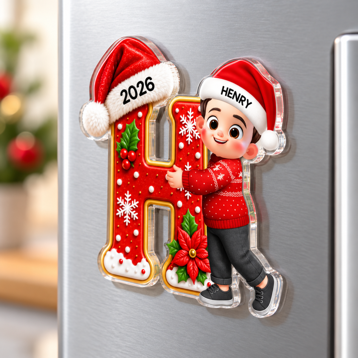 Joyful Christmas Letter Hug - Personalized Acrylic Fridge Magnet - Gift For Boys, Girls, Grandkids
