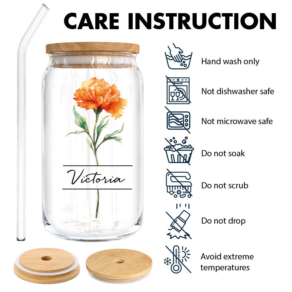 Beautiful Birth Flower With Name Birthday Gift For Friends Mom Grandma Mother‘s Day Gift Personalized Clear Glass Can