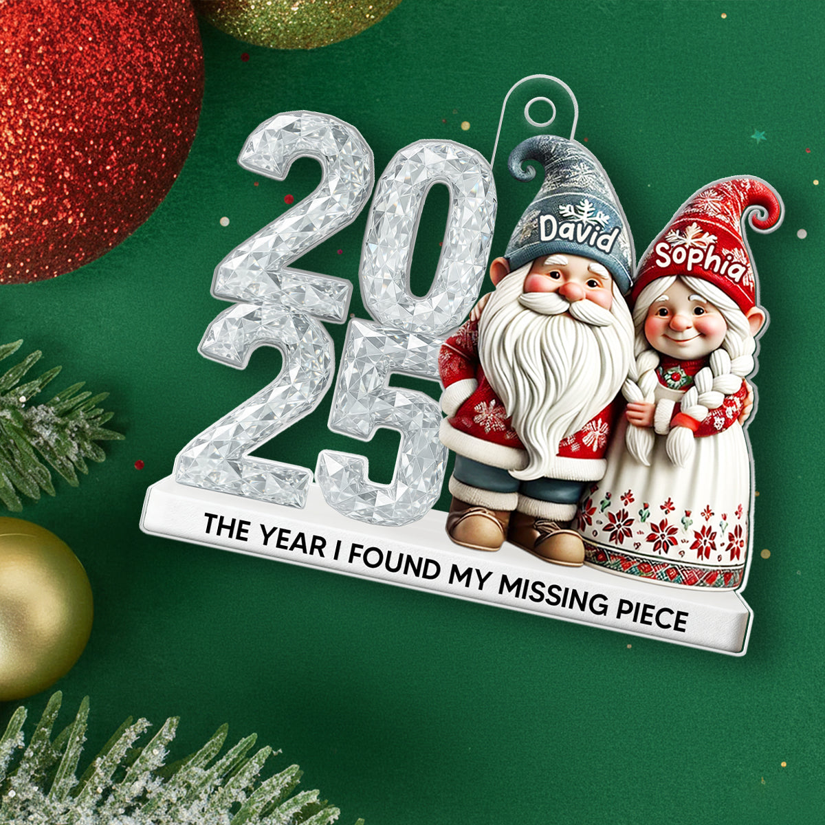 3D Shining Effect Gnome Couple - Personalized Acrylic Ornament - Unique Christmas Gift For Him, For Her, For Couple