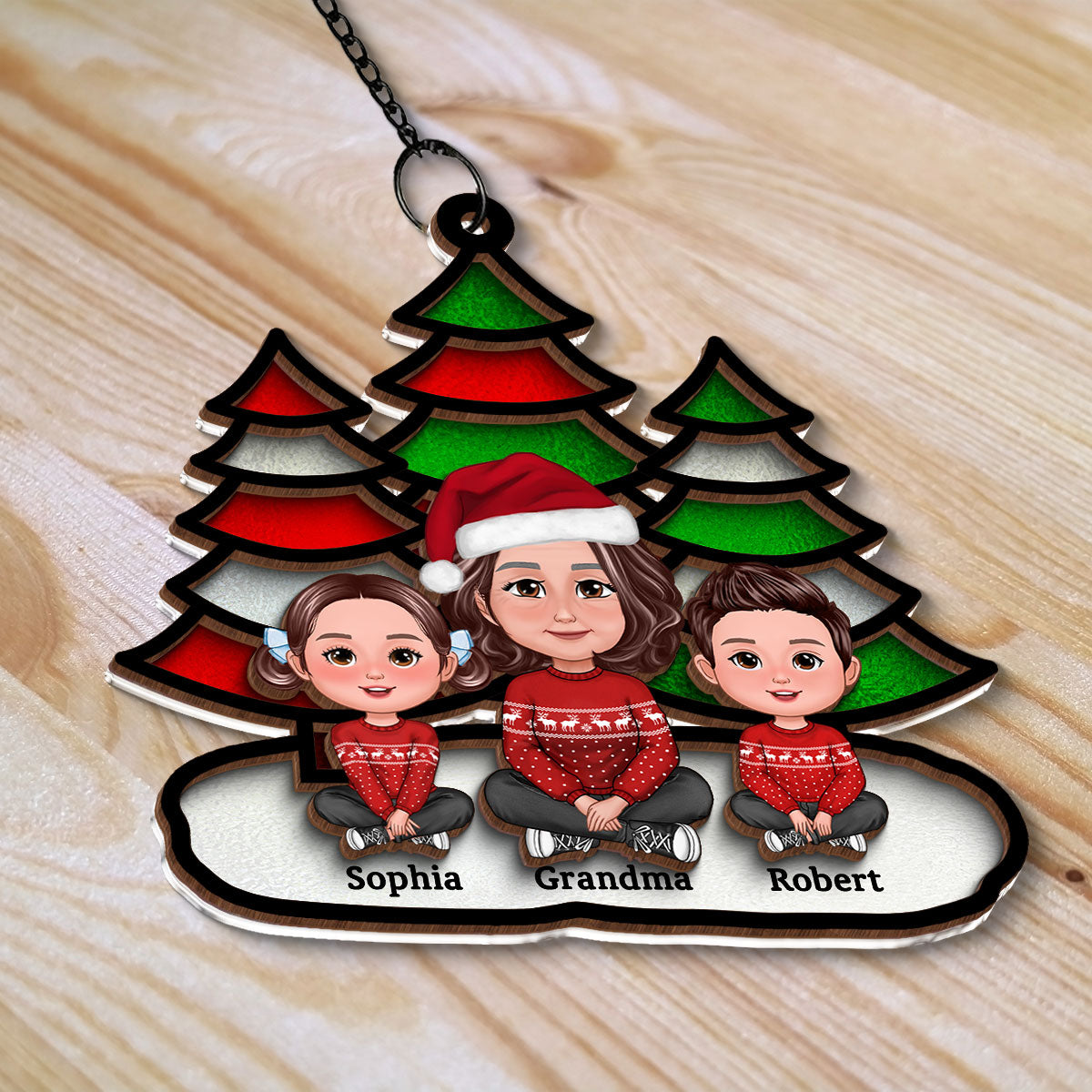 Christmas Trees Grandma Grandkids Sitting Personalized Suncatcher, Christmas Decoration