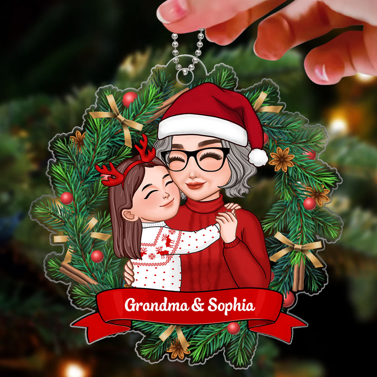 Christmas Wreath Grandma Grandkid Hugging Personalized Acrylic Ornament