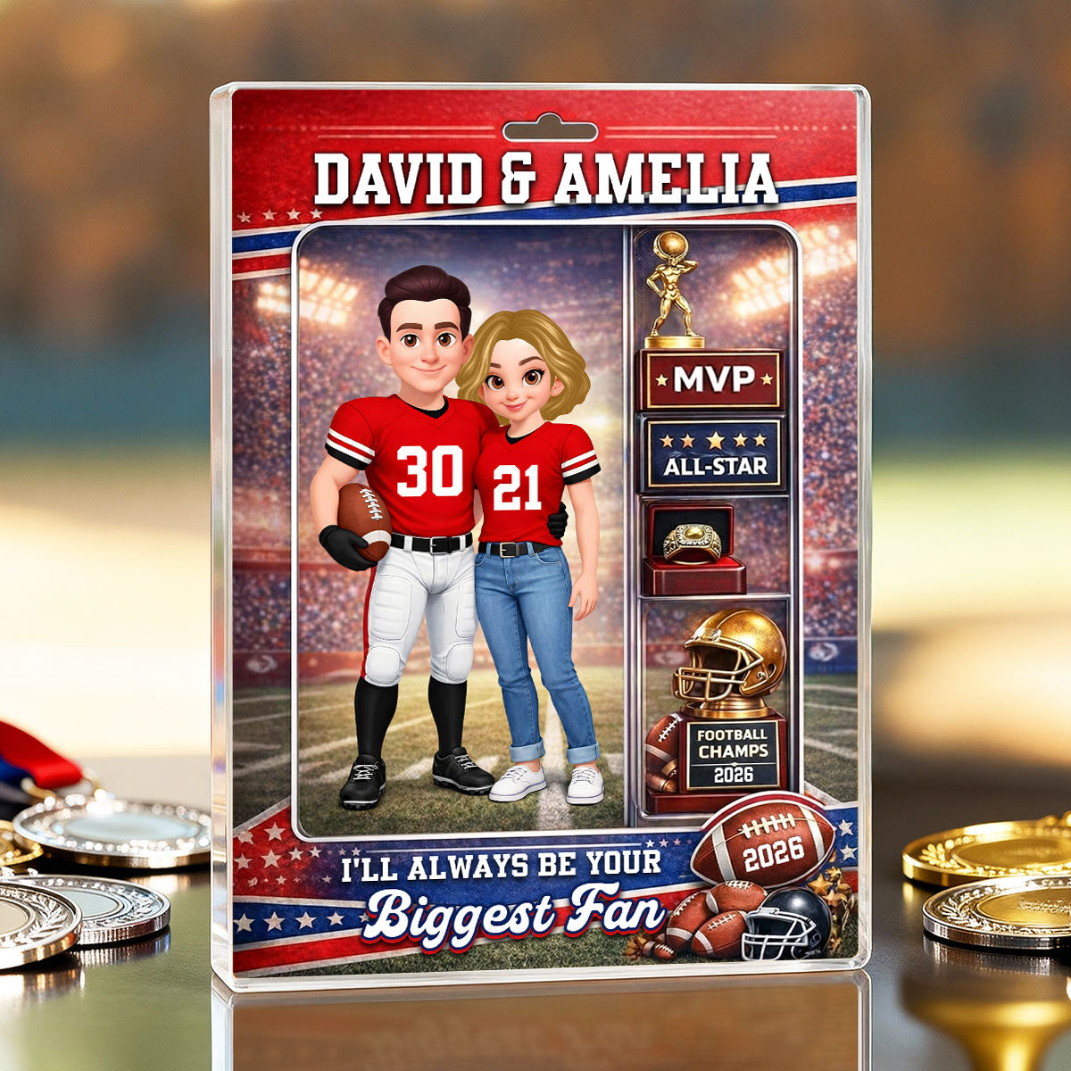 Football Couple Action Figure - Personalized Acrylic Block Plaque - Anniversary, Valentine's Day Gift, Gift For Him, Gift For Her
