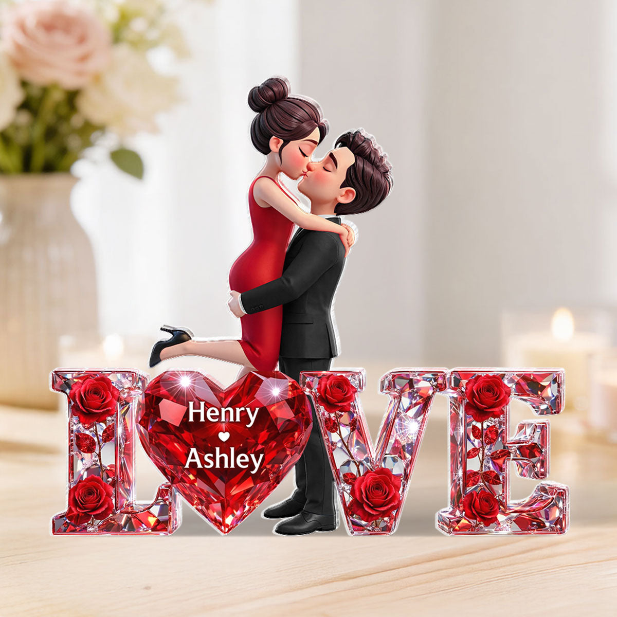 3D Shiny Rose Love Couple - Personalized Acrylic Block Plaque - Heartfelt Valentine's Day Gift For Him, Gift For Her