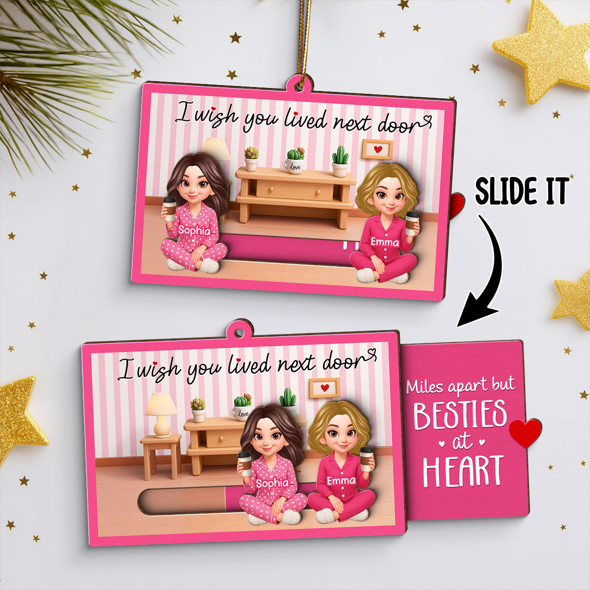 I Wish You Lived Next Door Besties Sisters Personalized Slider Ornament, Meaningful Long Distance Christmas Gift Hidden Messages