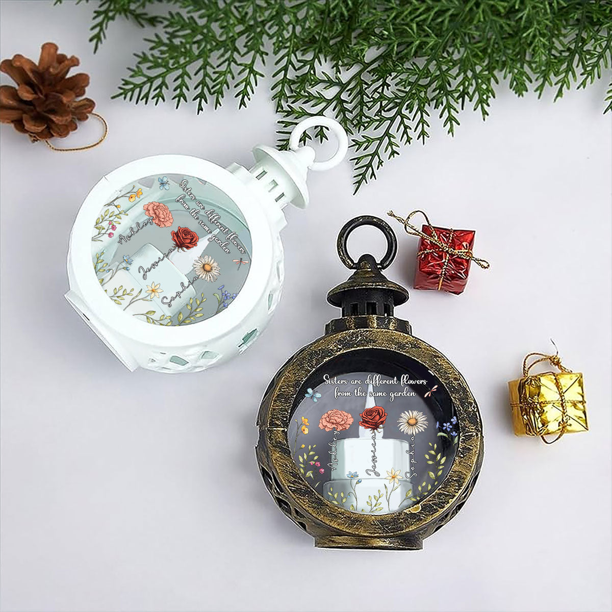 Sisters Are Different Flowers From The Same Garden Personalized Lantern Ornament, Christmas Gift For Sisters, Siblings, Besties