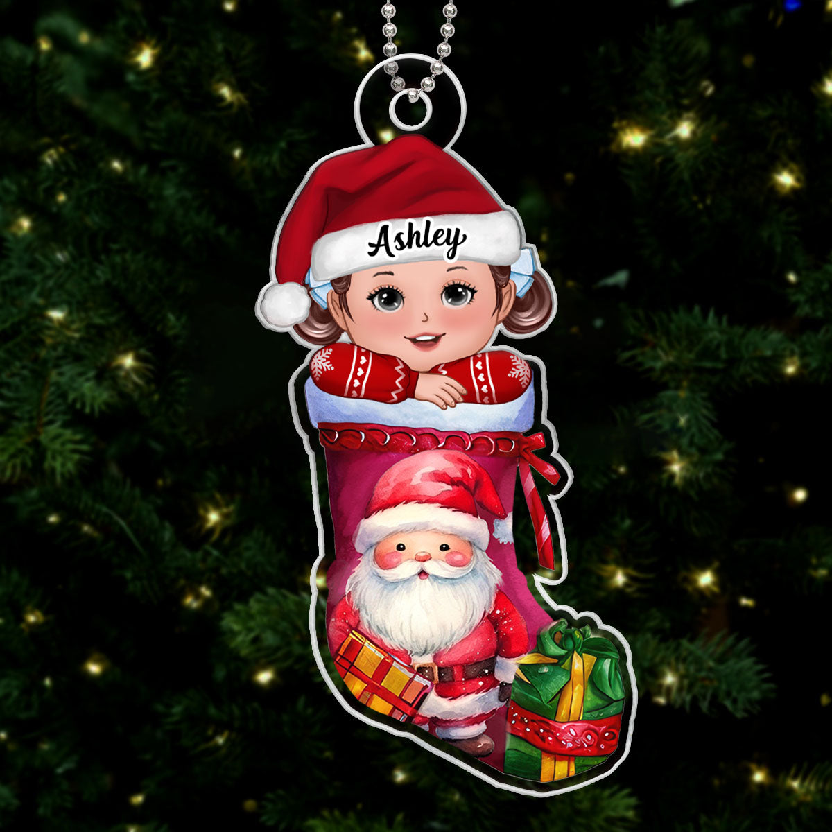 Cute Kid In Christmas Stocking Personalized Acrylic Ornament, Gift For Son, Daughter, Grandson, Granddaughter, Grandchildren