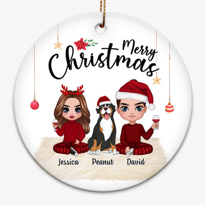 Doll Couple Sitting With Dogs Christmas Personalized Circle Ornament