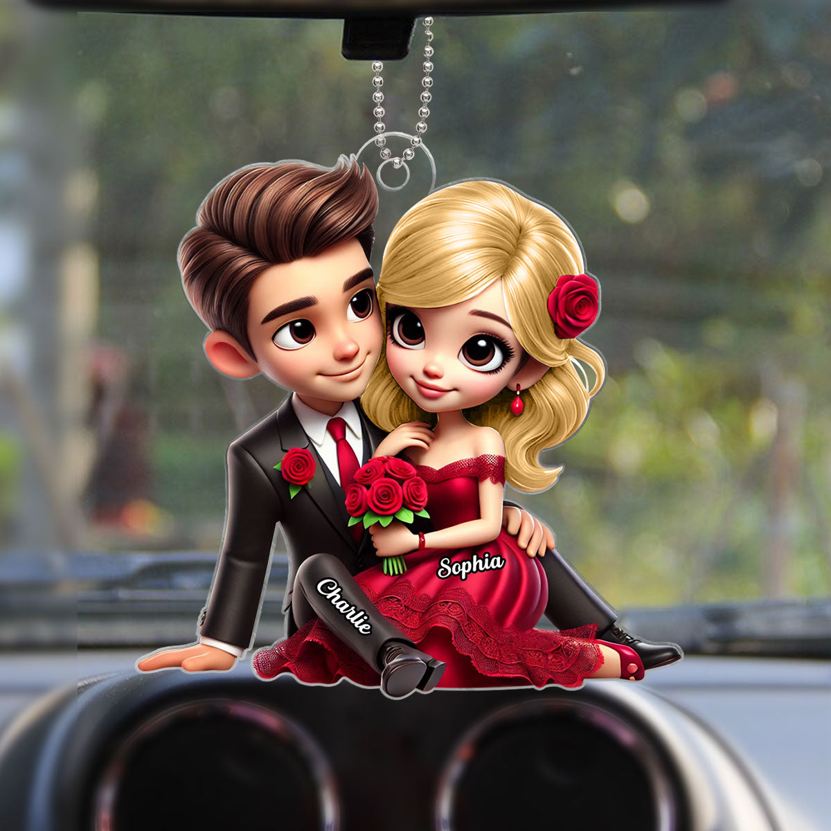 Couple Roses Sitting Together Personalized Acrylic Car Hanger, Anniversary  Gift for him, Gift for her