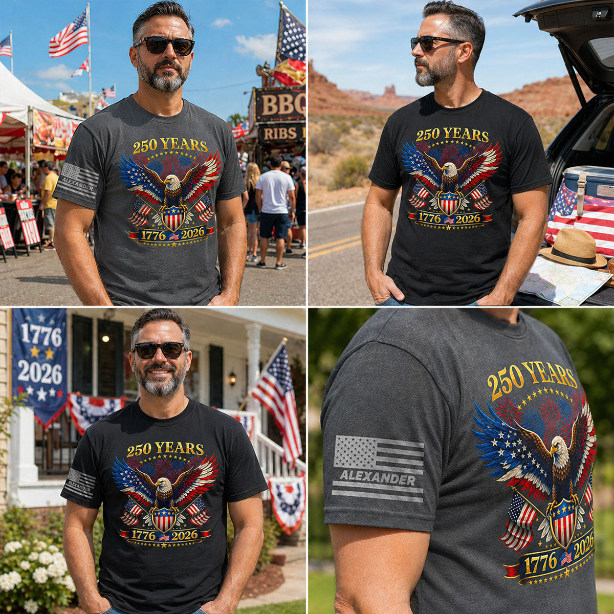 250 Years Eagle American Flag Fireworks Custom Name - Personalized Sleeve Printed Shirt - United States 250th Anniversary USA Patriotic