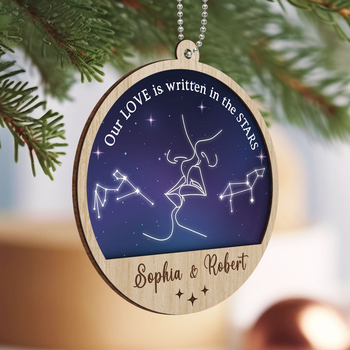 Couple Kissing Outline Zodiac Galaxy Sky Personalized 2-Layer Wooden Ornament