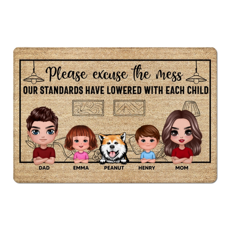 Please Excuse The Mess Funny Family Kid Dog Cat Personalized Doormat