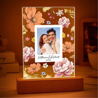 Couple Upload Photo Birth Month Flowers Personalized Acrylic LED Night Light, Anniversary Gift,  Gift