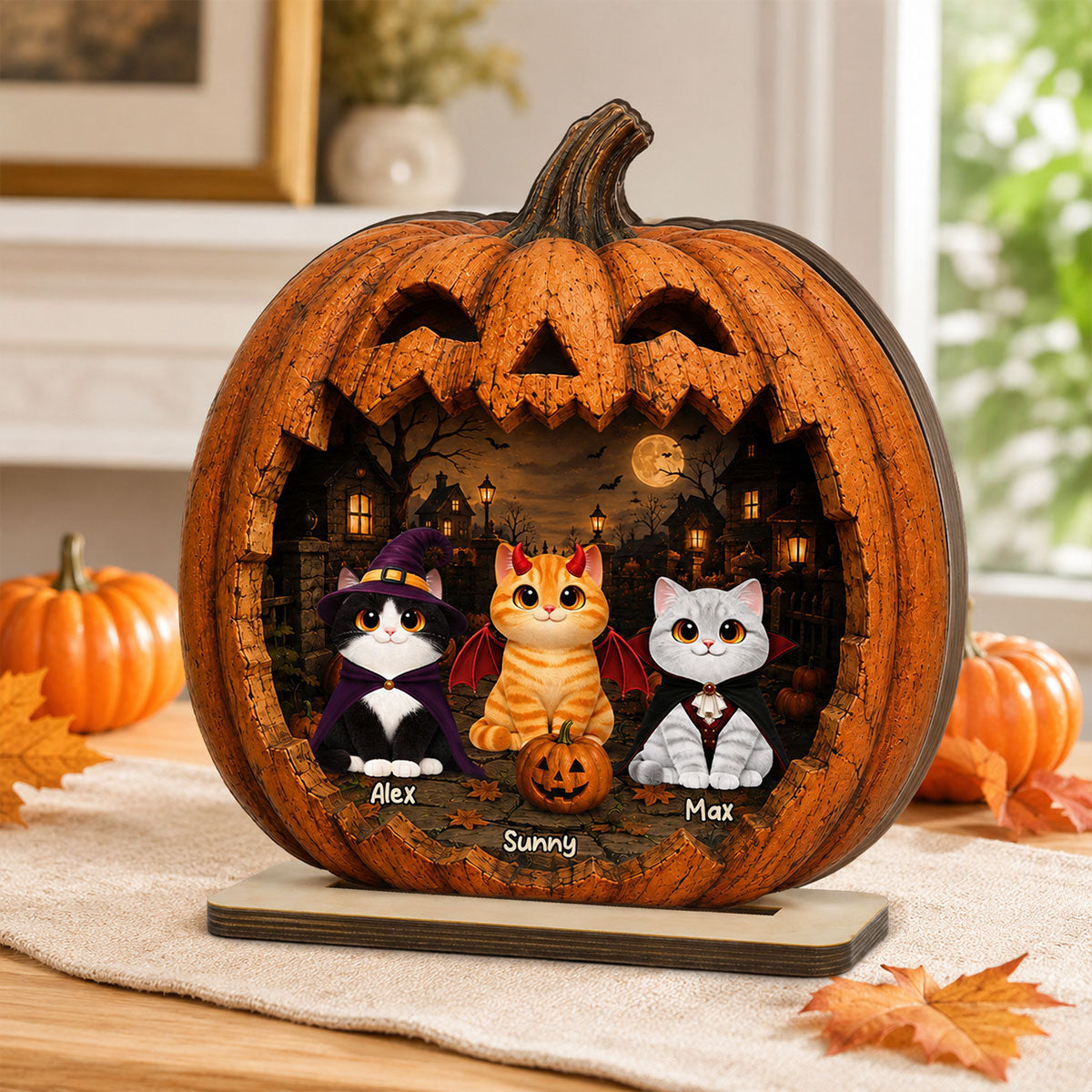 Spooky Halloween Pumpkin Cats - Personalized 2-Layered Wooden Plaque - Halloween Decor For Cat Lovers