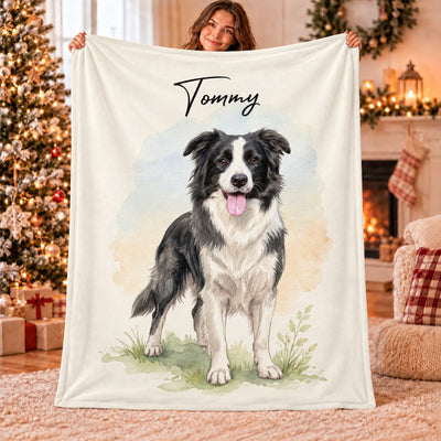 Custom Dog Cat Watercolor Portrait from Photo - Personalized Fleece Blanket - Christmas Gift for Dog Lovers, Memorial Gift