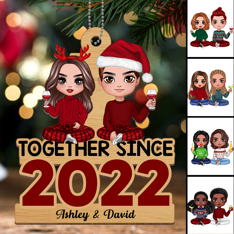 Doll Couple Sitting Together Since Christmas Personalized Wooden Ornament