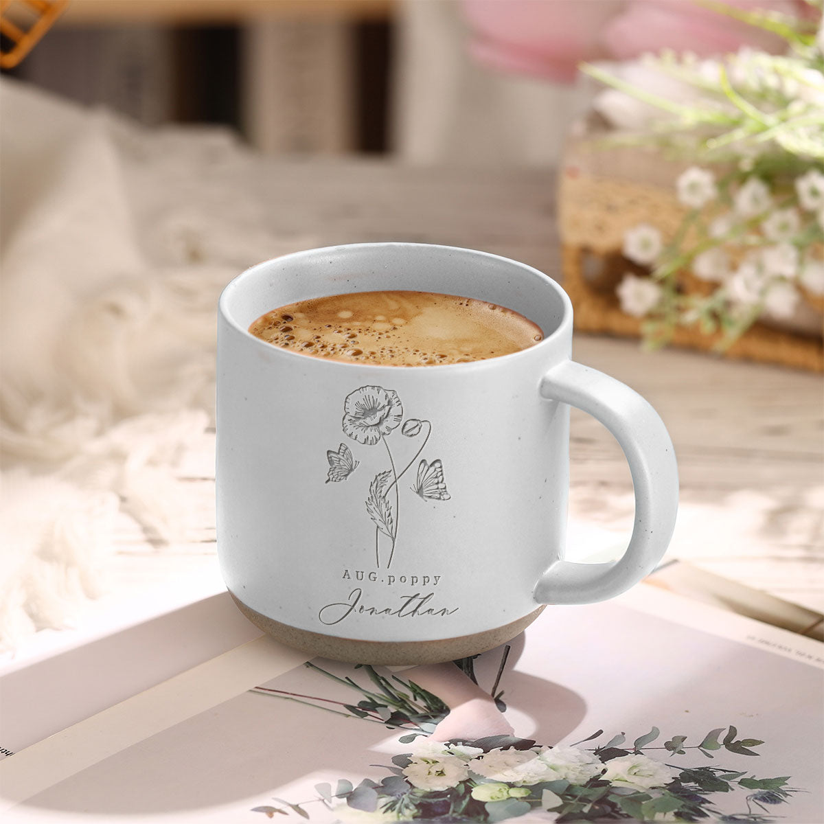 Custom Family Birth Flowers Personalized Engraved Pottery Mug, Birthday Christmas Gift for Mom, Grandma, Dad, Daughter