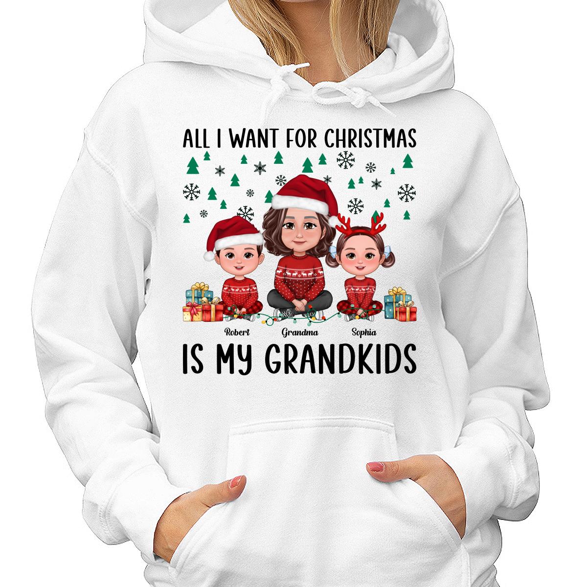 All I Want For Christmas Is My Grandkids Green Snow Flake Pine Tree Personalized Shirt