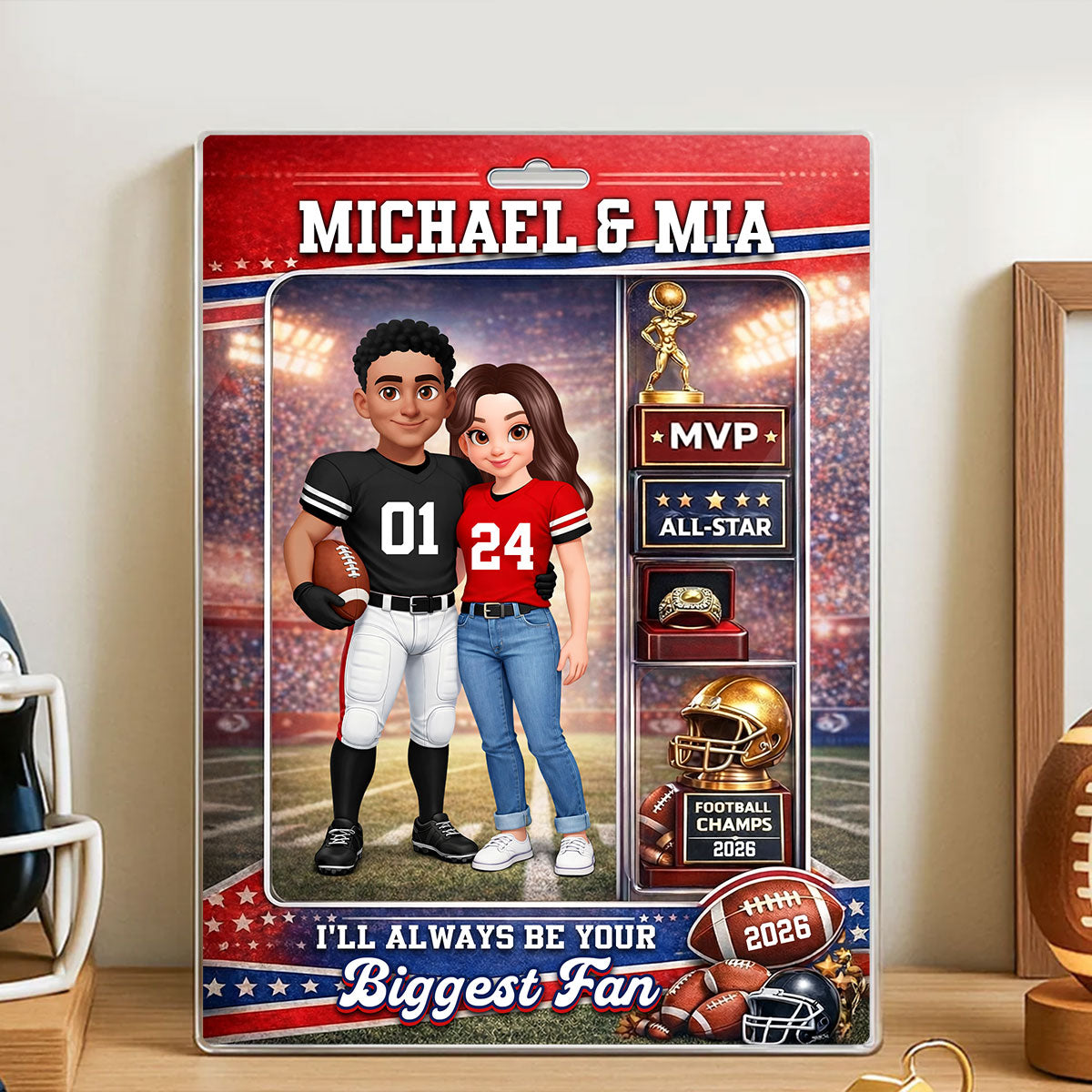 Football Couple Action Figure - Personalized Acrylic Block Plaque - Anniversary, Valentine's Day Gift, Gift For Him, Gift For Her