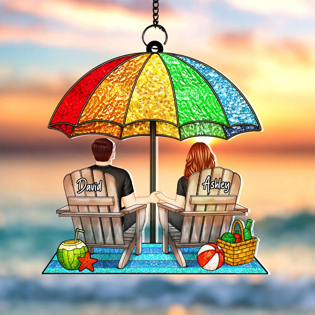 Under Beach Umbrella Happy Couple Personalized Suncatcher