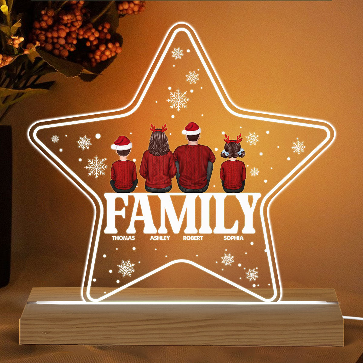 Family Sitting Back View On Text Christmas Personalized Acrylic Custom Shape LED Night Light