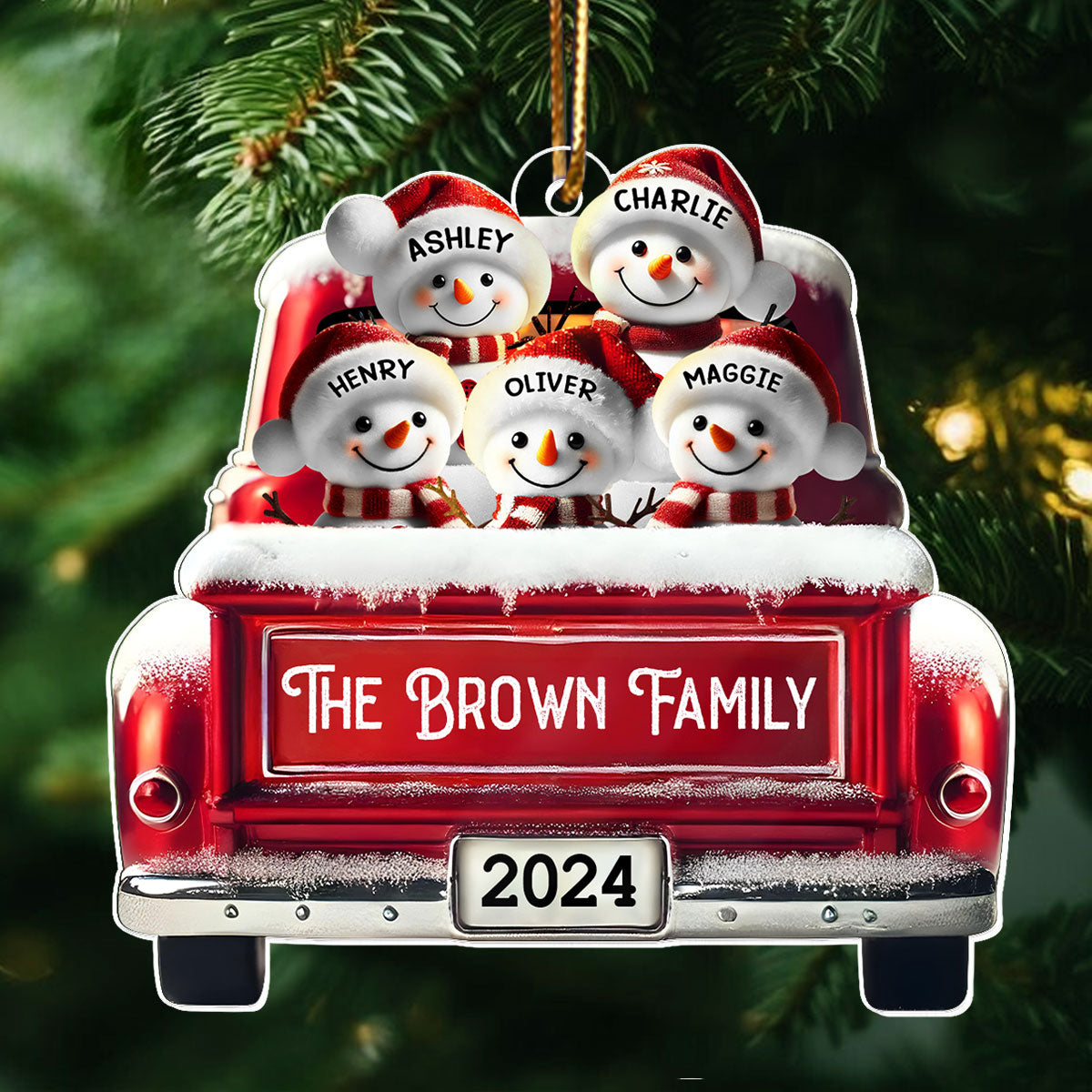 Personalized Snowman Family Acrylic Christmas Ornament, Red Truck Custom Name 3D Effect Ornament