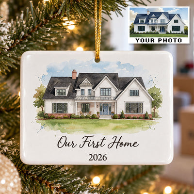 New Home New Memories Custom House Watercolor Portrait - Personalized Ceramic Ornament - Housewarming Keepsake Gift, First Home Gift, Christmas Tree Keepsake