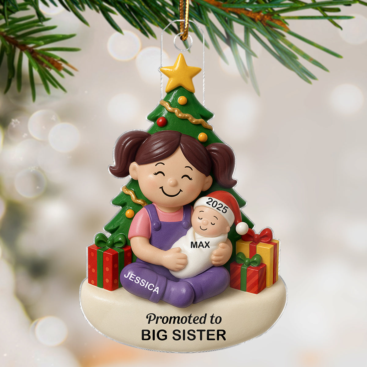 Proud New Big Sister Big Brother Under Tree - Personalized Acrylic Ornament - New Big Sibling Christmas Gift