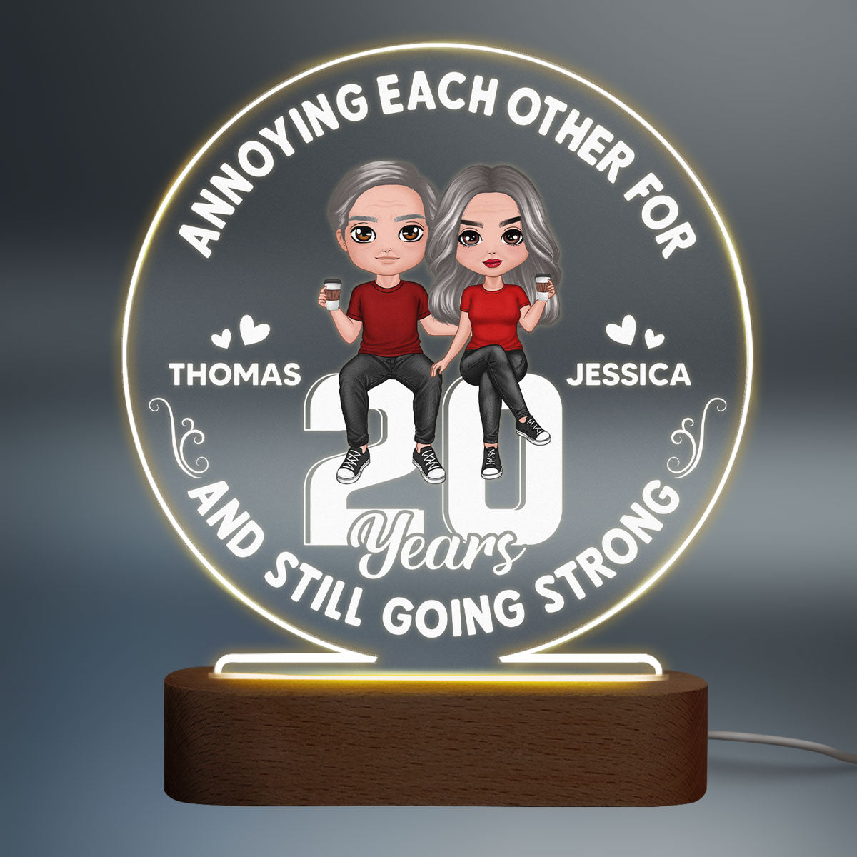 Annoying Each Other Doll Couple Sitting On Number Personalized Circle Acrylic Plaque With LED Night Light - Anniversary Gift For Her - Gift For Him