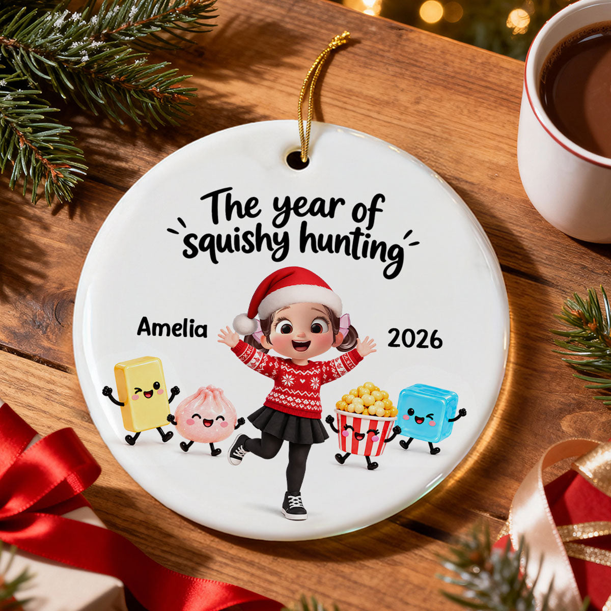 Cute Girl Boy The Year Of Squishy Hunting - Personalized Ceramic Ornament - Christmas Gift For Daughter, Son, Grandchildren, 2026 Keepsake