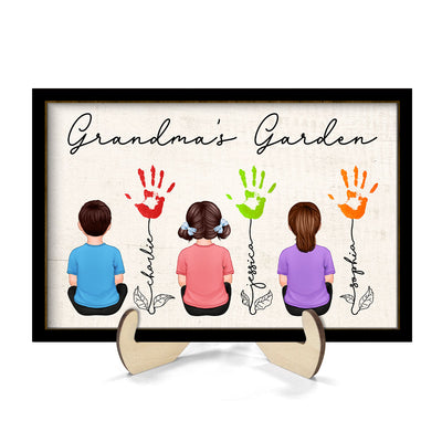 Grandma Garden Handprints Kids Sitting Back View Personalized 2-layer Wooden Plaque