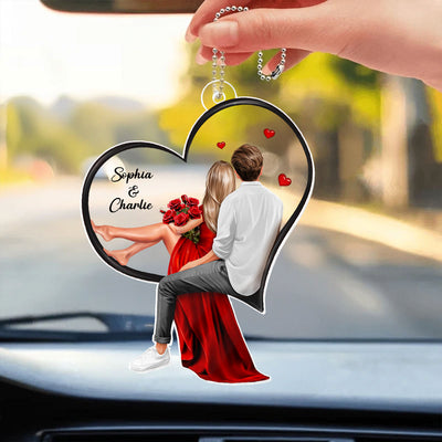Couple Sitting On Heart Personalized Acrylic Car Hanger,  Gift, Anniversary Gift for Couples
