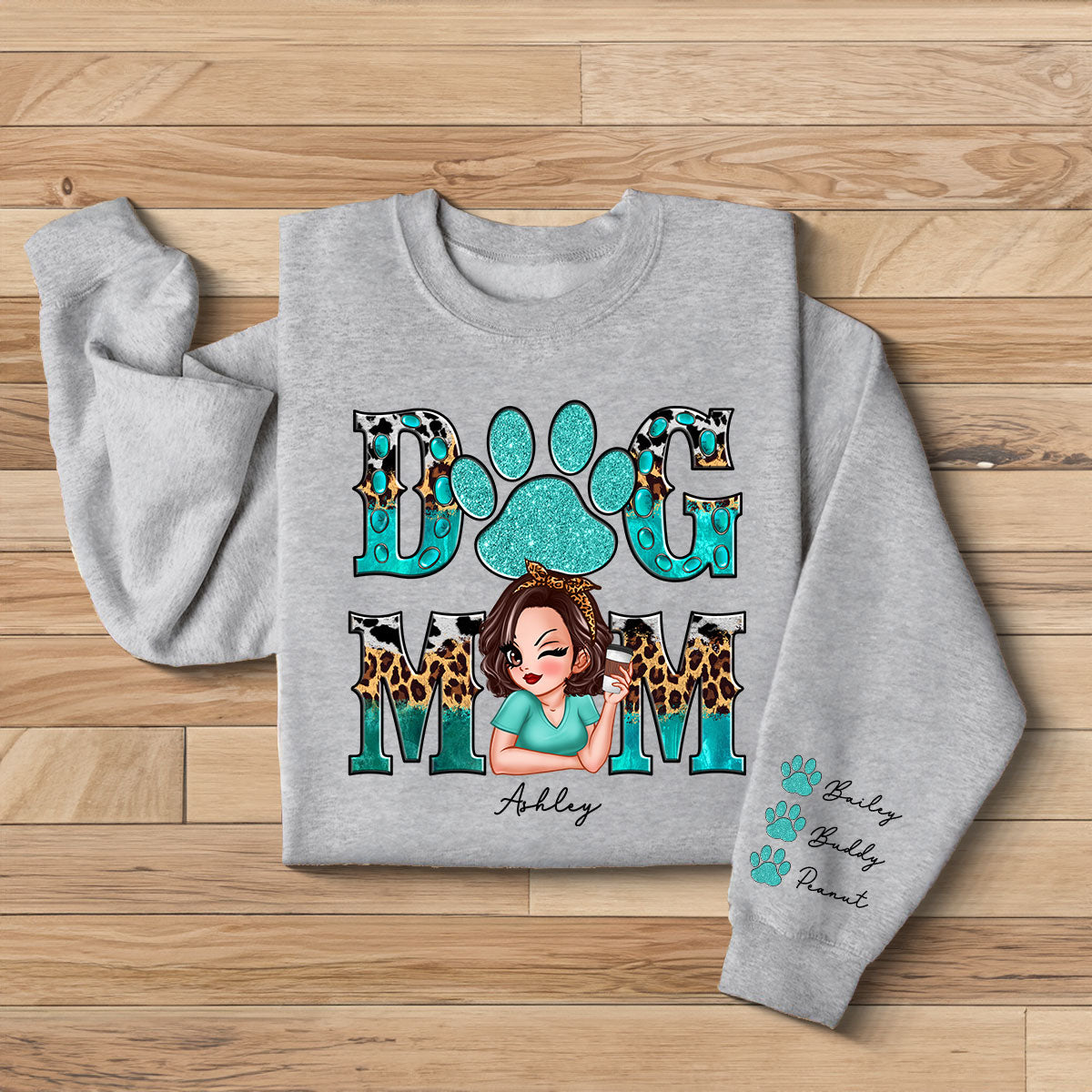 Teal And Leopard Dog Mom Gift For Dog Lovers Personalized Sleeve Printed Sweatshirt