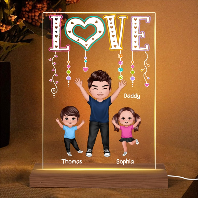 LOVE Happy Doll Dad Grandpa With Kids Personalized Rectangle Acrylic Plaque LED Night Light
