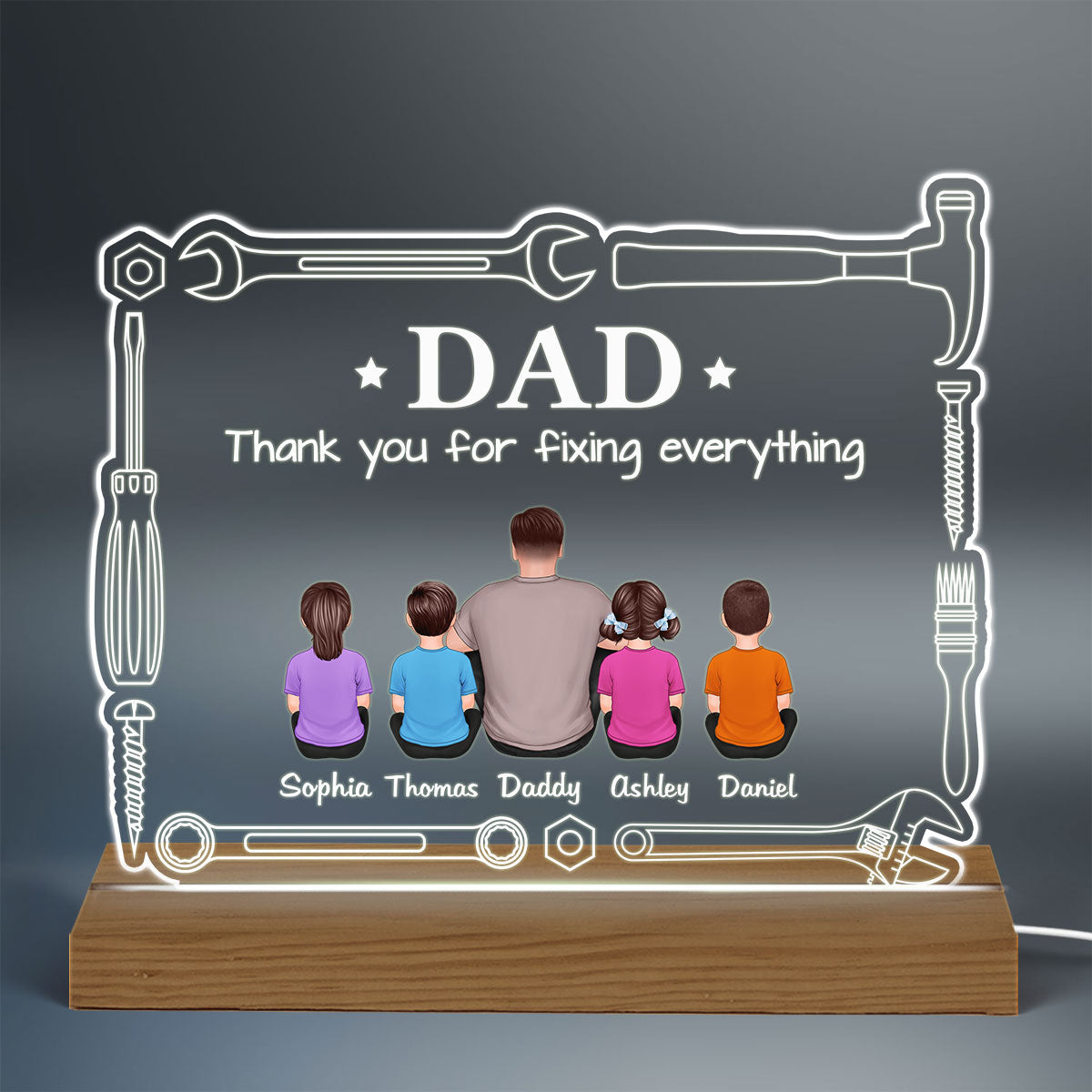 Tools Frame Back View Man Sitting With Kids Personalized Custom Shape Acrylic Plaque Warm LED Night Light