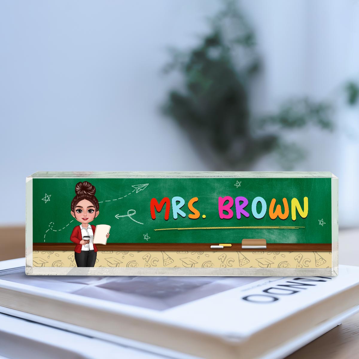 Teacher Green Board Pattern Personalized Acrylic Desk Name Plate, Back To School Gift For Teacher