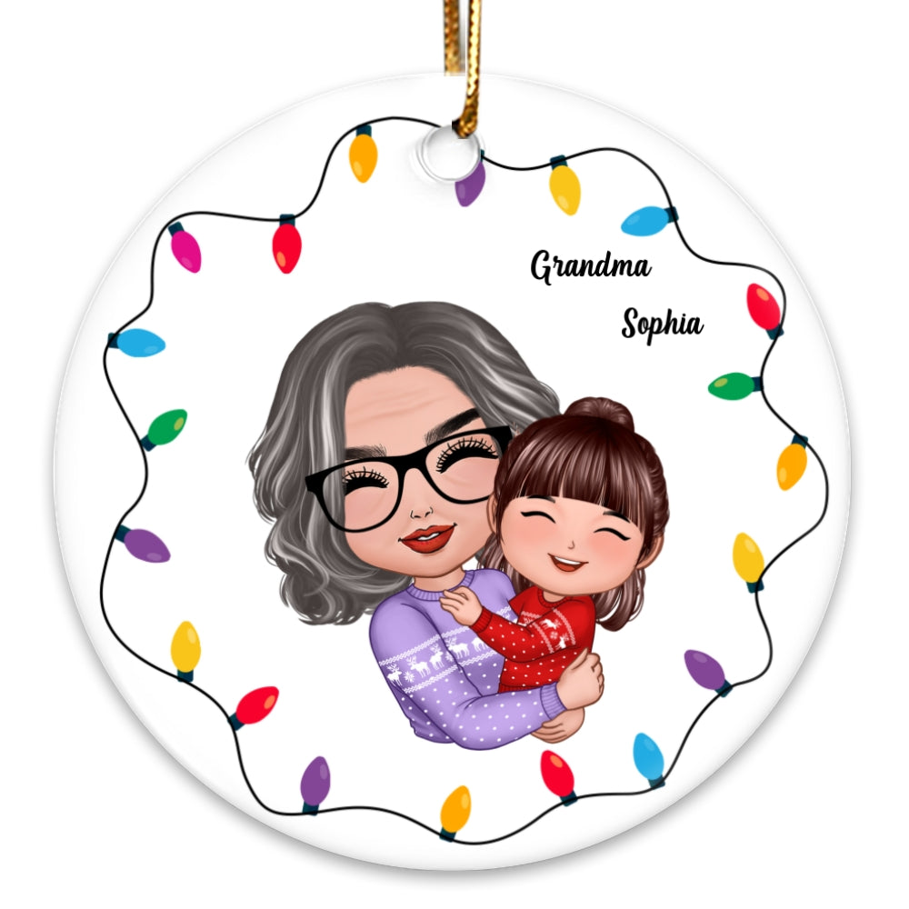 Christmas Light Strings Doll Grandma Hugging Kid Gift For Granddaughter Grandson Personalized Circle Ornament