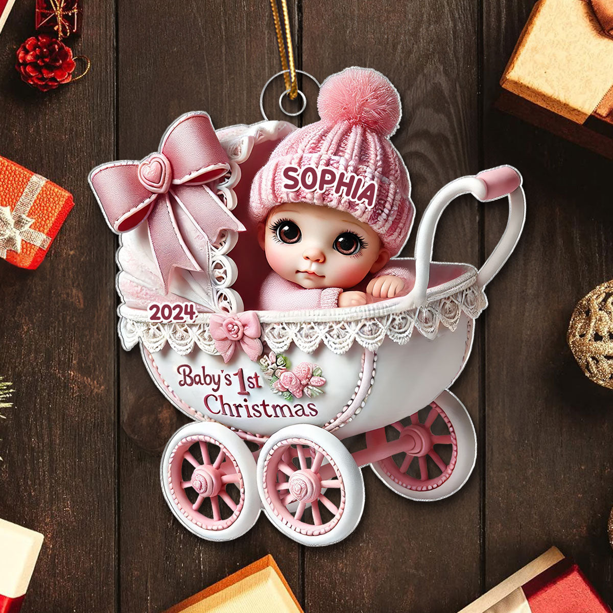 3D Effect Newborn Baby In Carriage Christmas Personalized Flat Acrylic Ornament, Christmas Gift For Newborns, New Parents