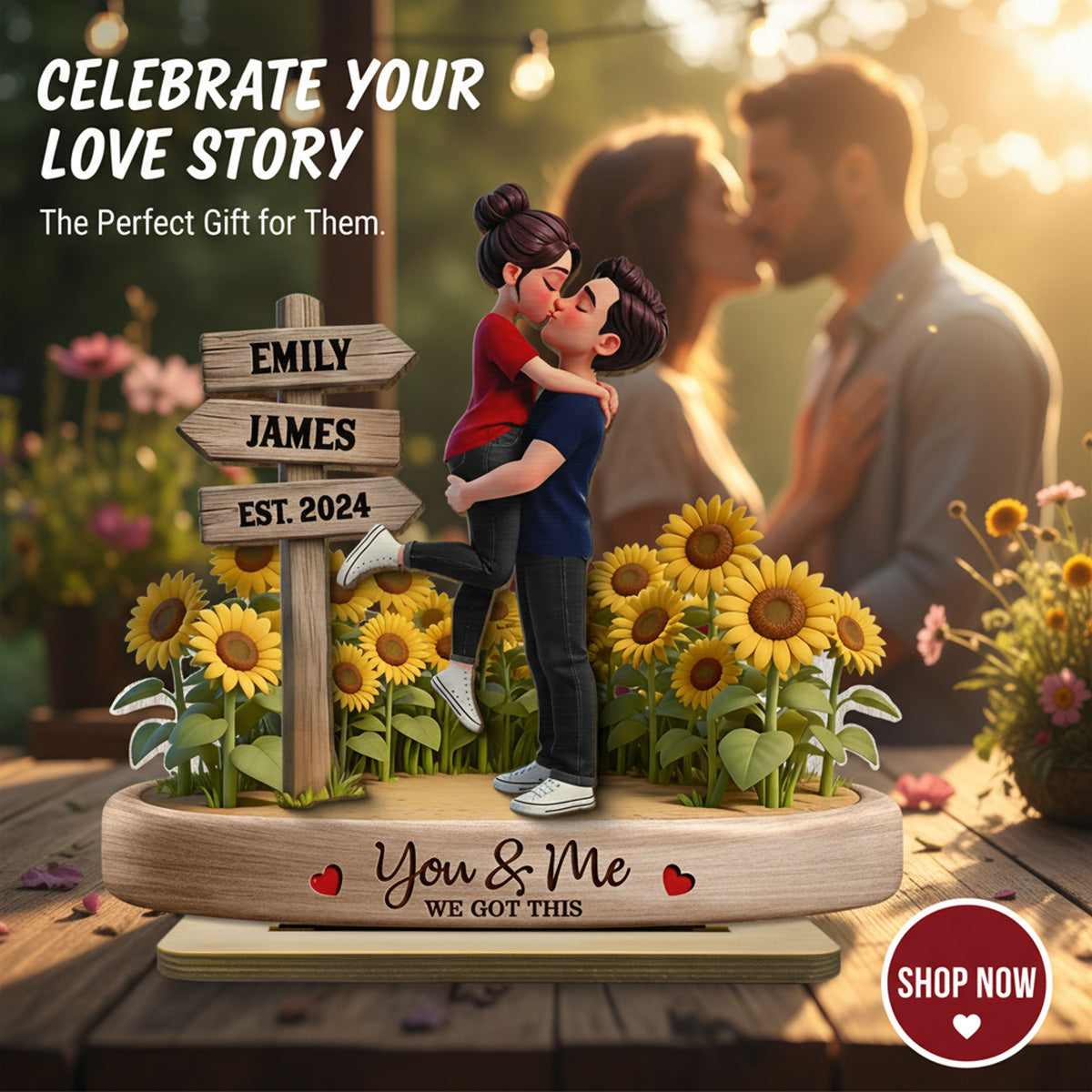 Everlasting Love Couple Hugging Kissing Sunflower Field Sign Posts - Personalized 2-Layered Wooden Plaque - Valentine's Day Gift For Couple