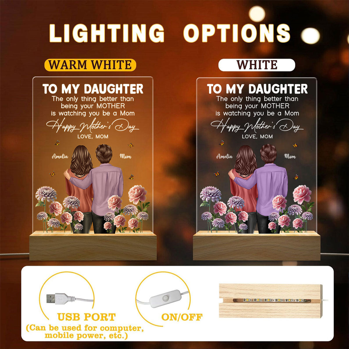 To My Daughter From Mom Happy Mother's Day Birth Flower Personalized Acrylic Plaque With LED Night Light, Gift For Daughter