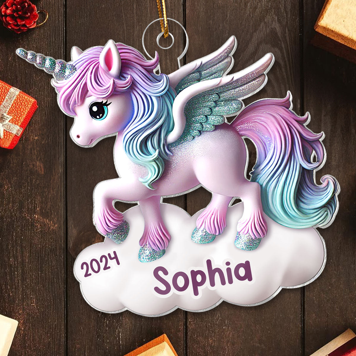 Magical Unicorn 3D Effect Baby's First Christmas Personalized Acrylic Flat Ornament