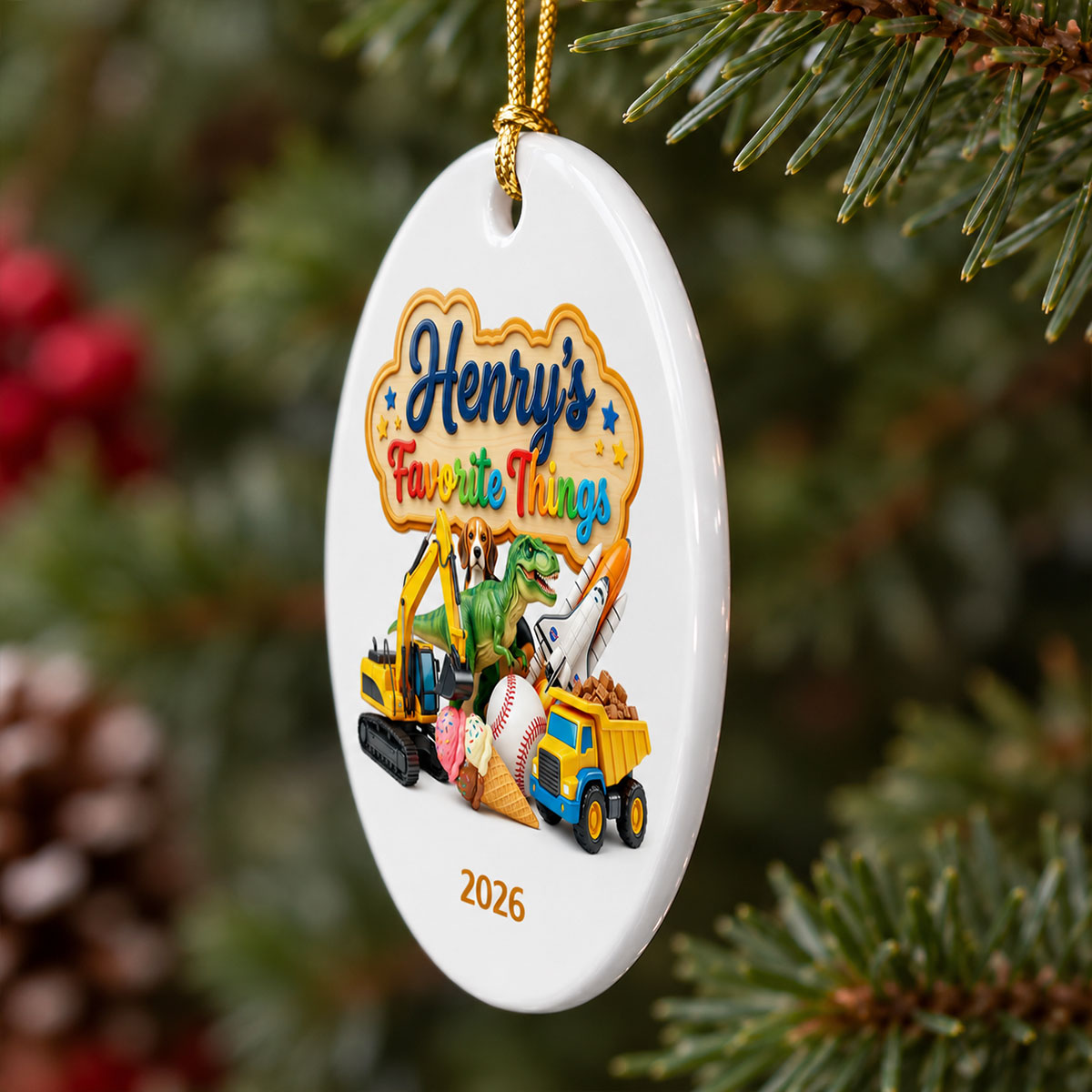 Kid's Favorite Things 2D Flat Printed - Personalized Ceramic Ornament - Custom Name & Favorite Things Keepsake Gift for Kids