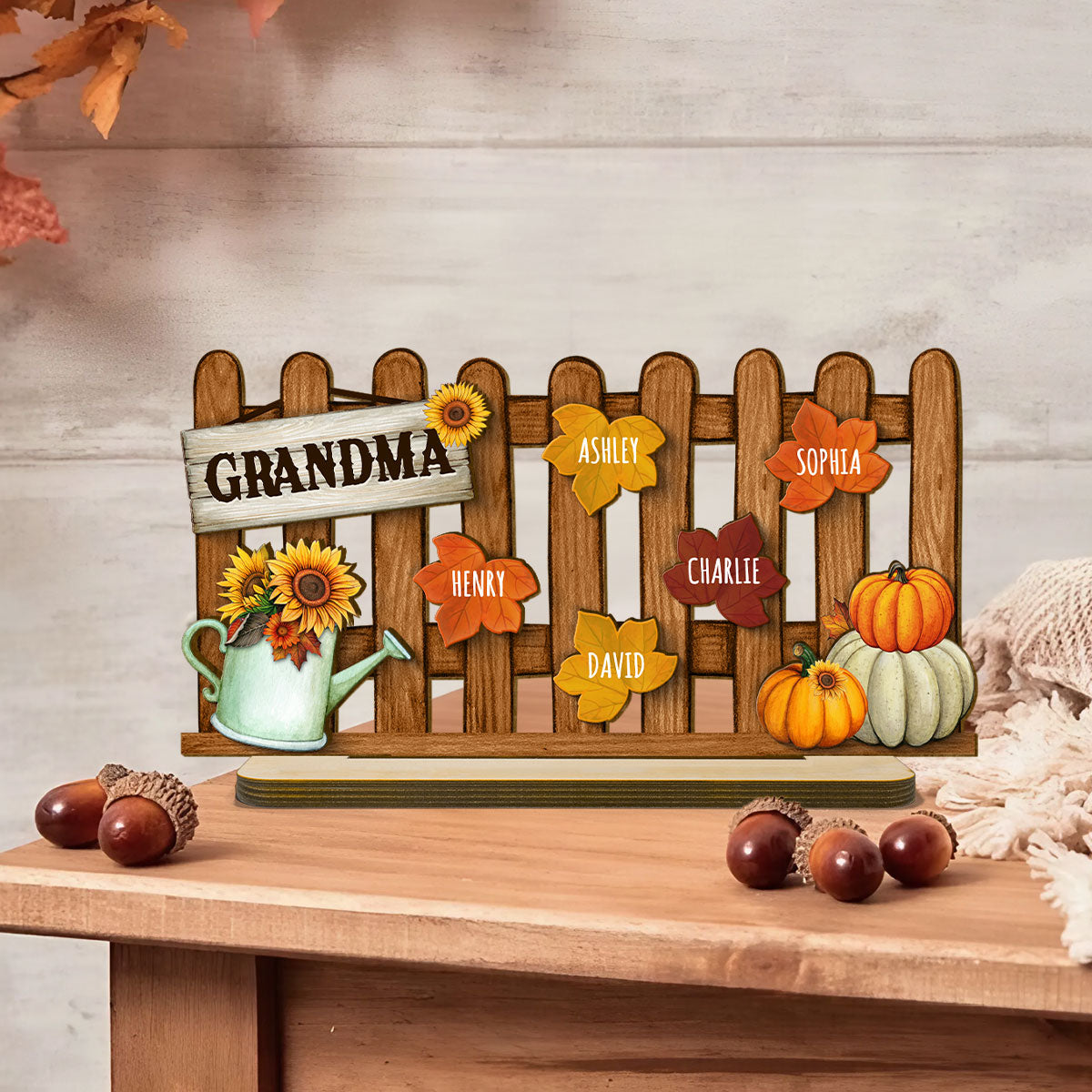 Grandma Mom Fall Leaves On Fence Personalized 2-Layer Standing Wooden Plaque, Fall Season Decor