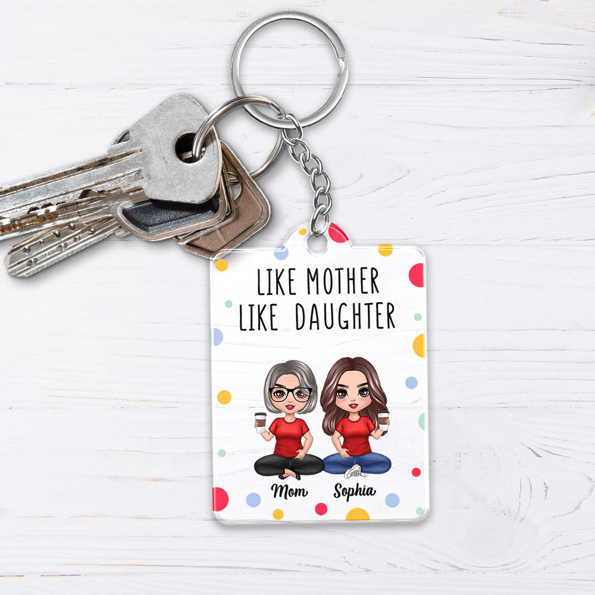 Colorful Polka Dot Pattern Doll Like Mother Like Daughter Son Personalized Acrylic Keychain