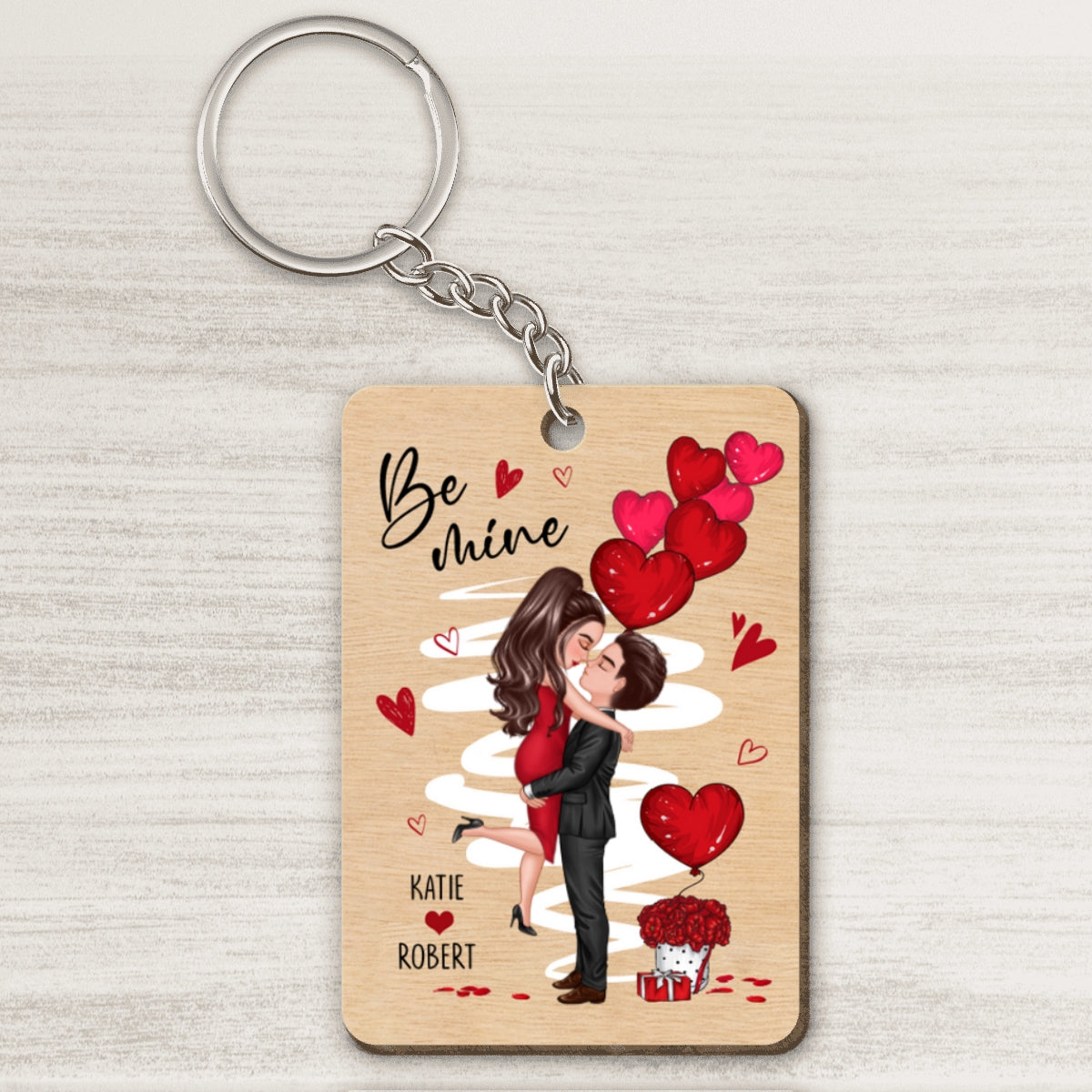 Be Mine Doll Couple Hugging Kissing Gift For Him For Her Personalized Wooden Keychain