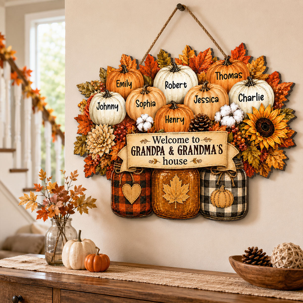 Cozy Warm Fall Season Mason Jars Pumpkins Welcome To Grandma Grandpa House - Personalized Wood Sign - Fall Decoration For Grandparents