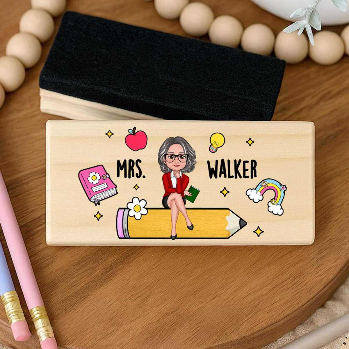 Teacher Sitting on Pencil Personalized Teacher Whiteboard Eraser, Custom Teacher Appreciation Gifts, Chalkboard Eraser with Marker